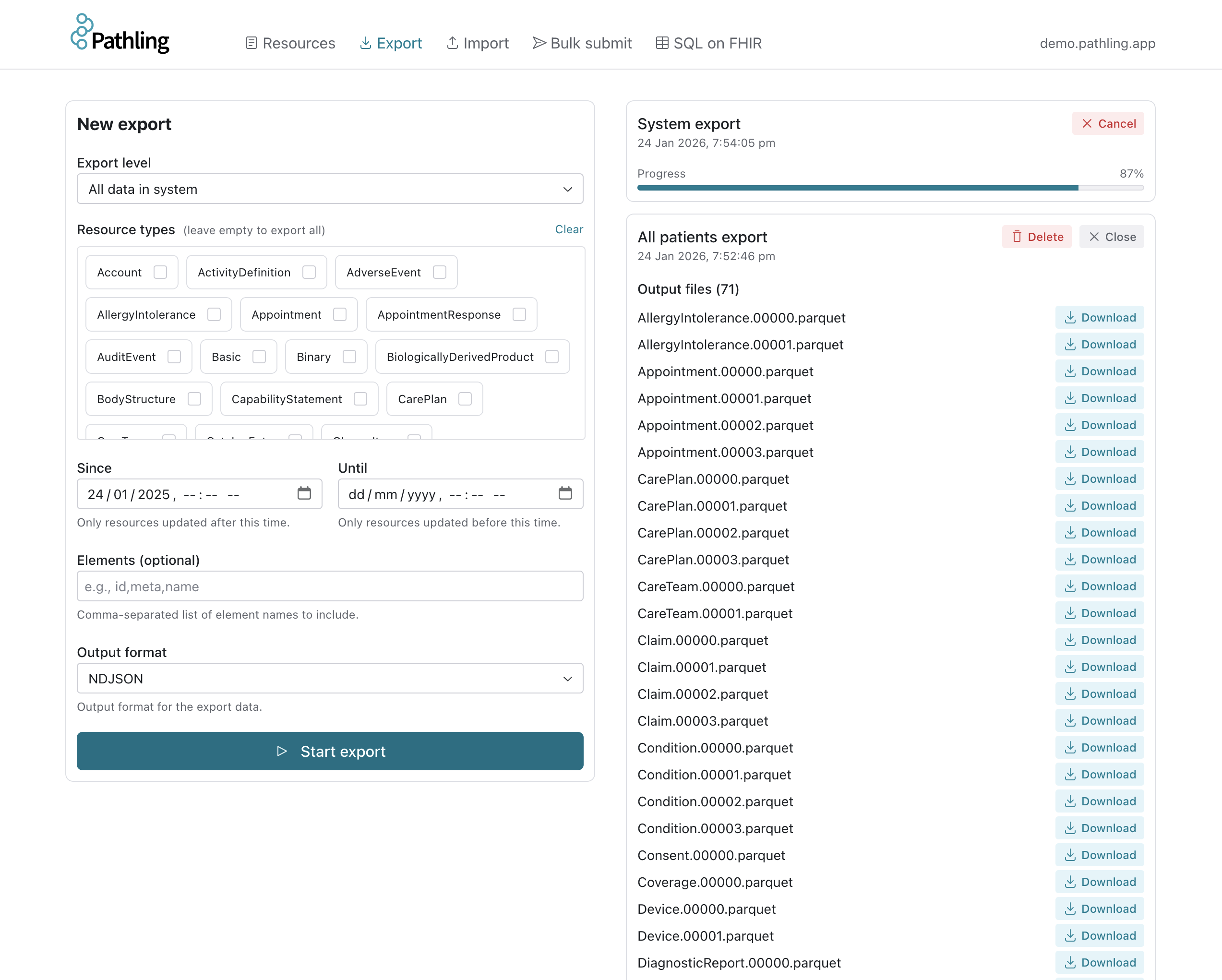 Pathling export page