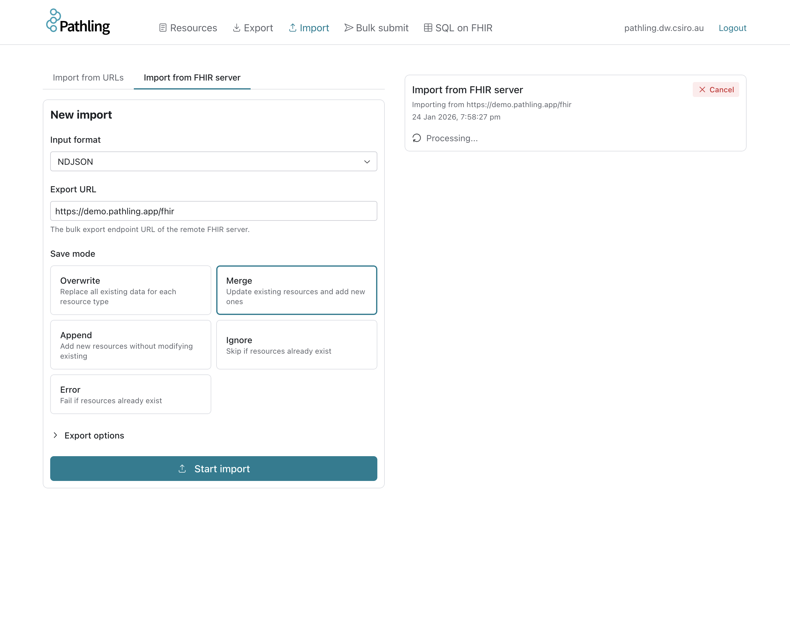 Pathling import page