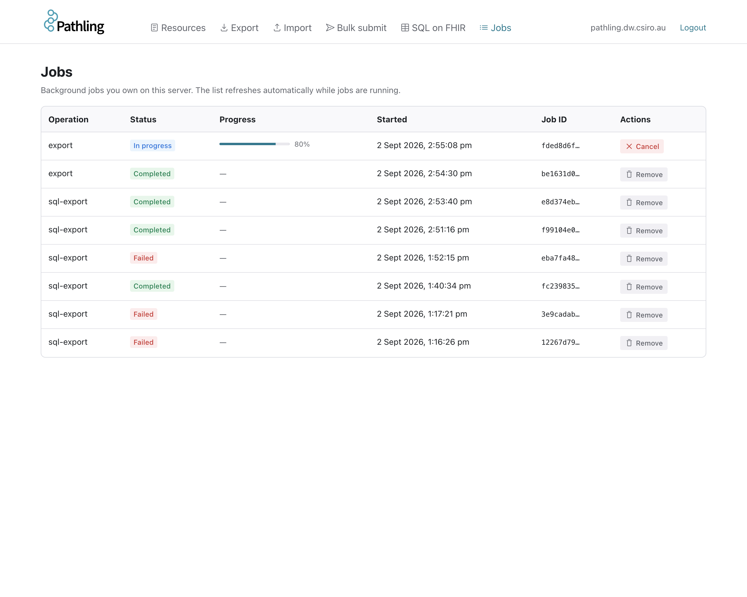 The jobs page in the admin UI